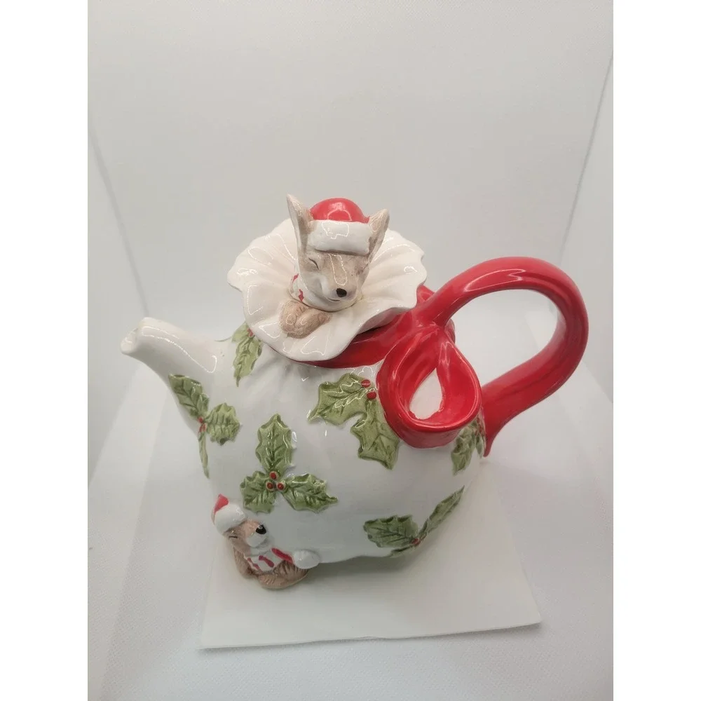 Vtg Omnibus Christmas Mice Holly Berry Ceramic Teapot Holiday Decor